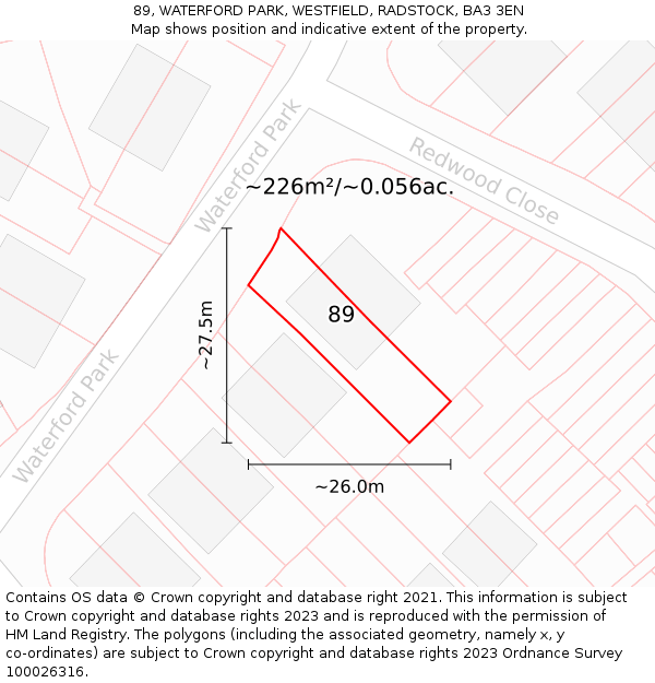 89, WATERFORD PARK, WESTFIELD, RADSTOCK, BA3 3EN: Plot and title map
