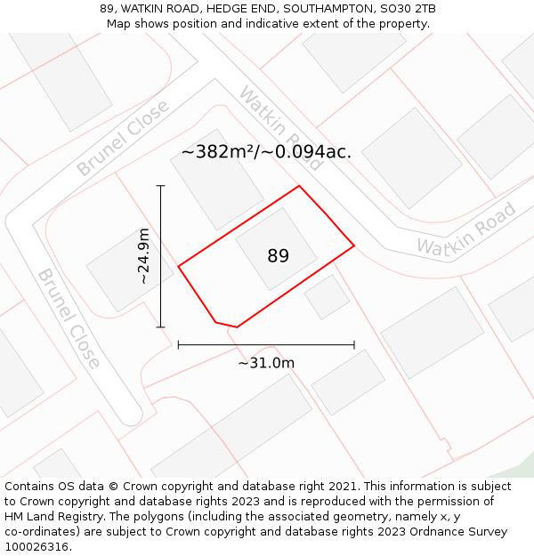 89, WATKIN ROAD, HEDGE END, SOUTHAMPTON, SO30 2TB: Plot and title map
