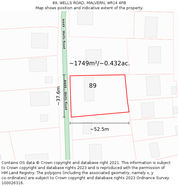 89, WELLS ROAD, MALVERN, WR14 4PB: Plot and title map