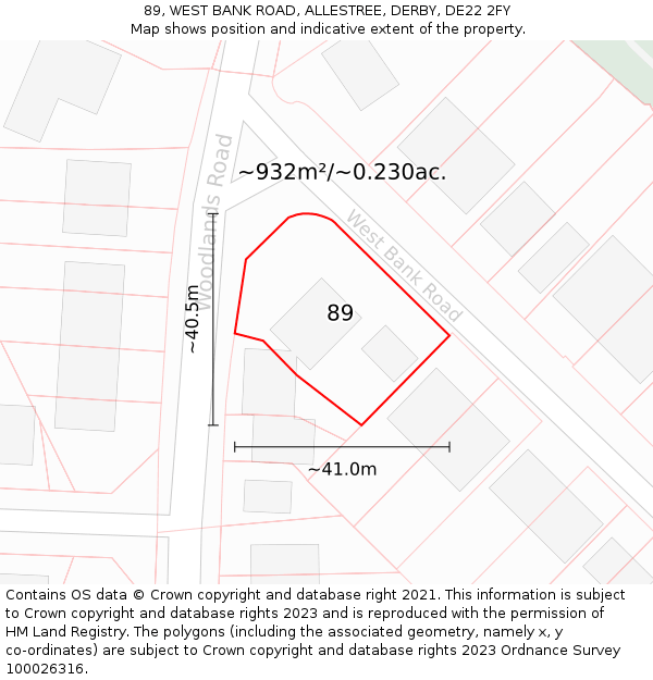 89, WEST BANK ROAD, ALLESTREE, DERBY, DE22 2FY: Plot and title map