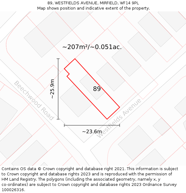 89, WESTFIELDS AVENUE, MIRFIELD, WF14 9PL: Plot and title map