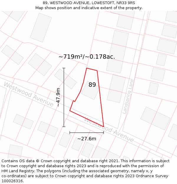 89, WESTWOOD AVENUE, LOWESTOFT, NR33 9RS: Plot and title map