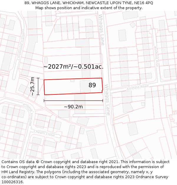 89, WHAGGS LANE, WHICKHAM, NEWCASTLE UPON TYNE, NE16 4PQ: Plot and title map