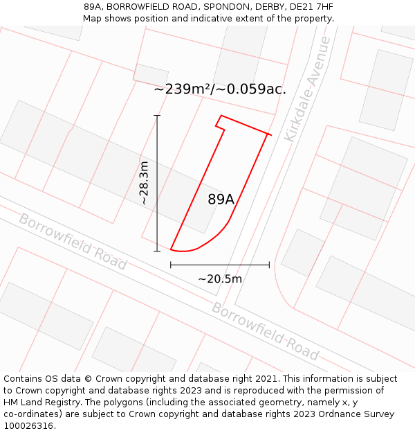 89A, BORROWFIELD ROAD, SPONDON, DERBY, DE21 7HF: Plot and title map