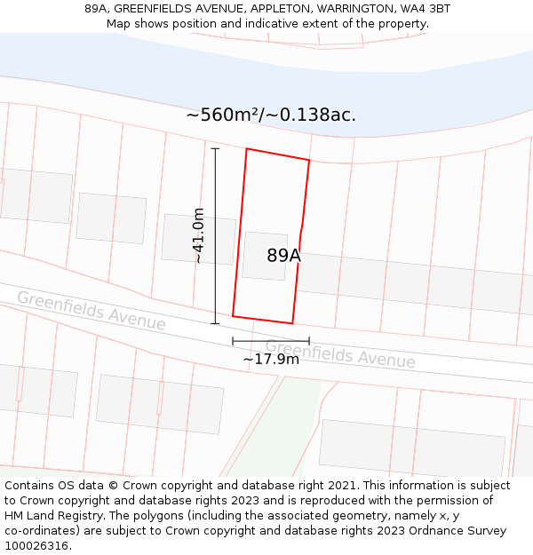 89A, GREENFIELDS AVENUE, APPLETON, WARRINGTON, WA4 3BT: Plot and title map
