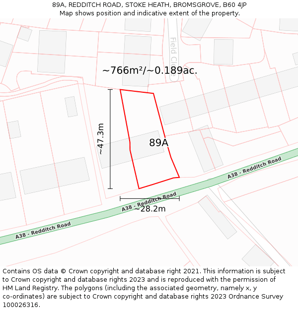 89A, REDDITCH ROAD, STOKE HEATH, BROMSGROVE, B60 4JP: Plot and title map