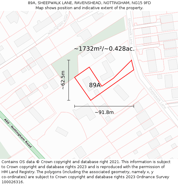 89A, SHEEPWALK LANE, RAVENSHEAD, NOTTINGHAM, NG15 9FD: Plot and title map