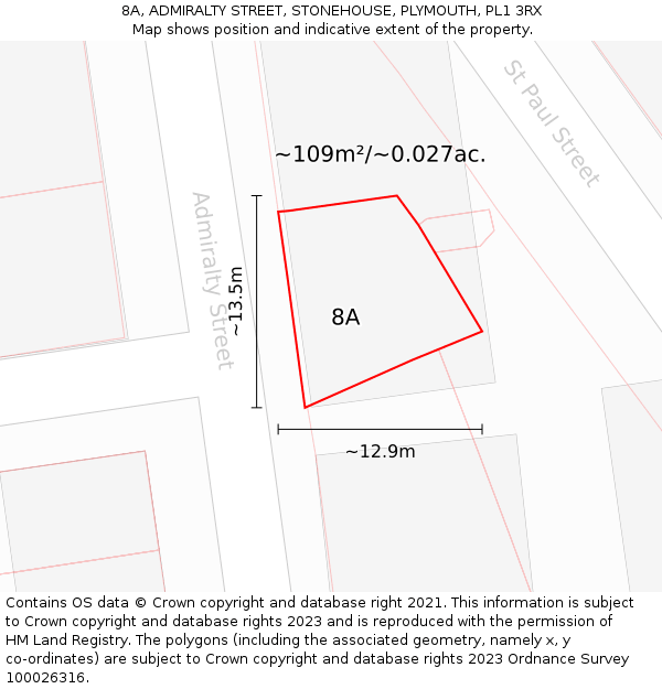 8A, ADMIRALTY STREET, STONEHOUSE, PLYMOUTH, PL1 3RX: Plot and title map