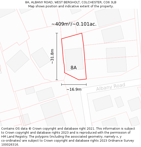 8A, ALBANY ROAD, WEST BERGHOLT, COLCHESTER, CO6 3LB: Plot and title map