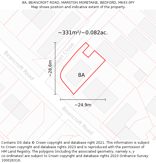 8A, BEANCROFT ROAD, MARSTON MORETAINE, BEDFORD, MK43 0PY: Plot and title map