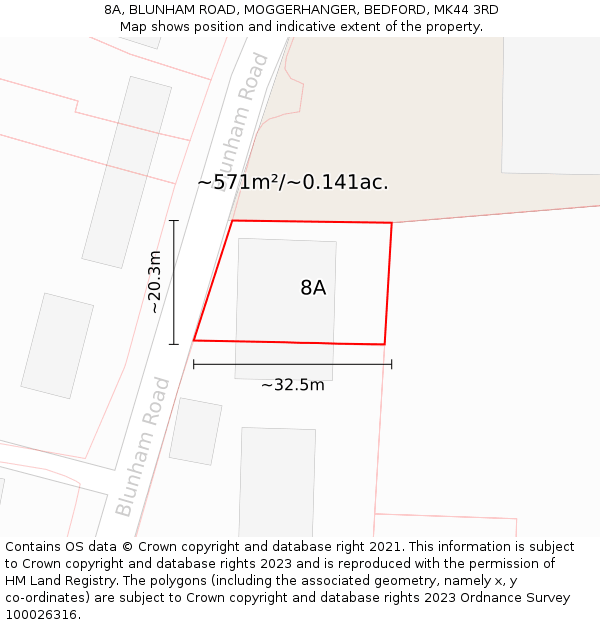 8A, BLUNHAM ROAD, MOGGERHANGER, BEDFORD, MK44 3RD: Plot and title map