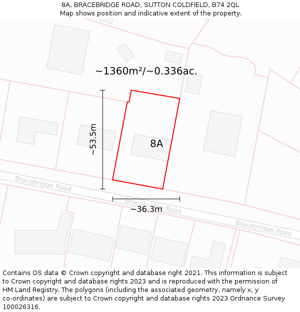 8A, BRACEBRIDGE ROAD, SUTTON COLDFIELD, B74 2QL: Plot and title map