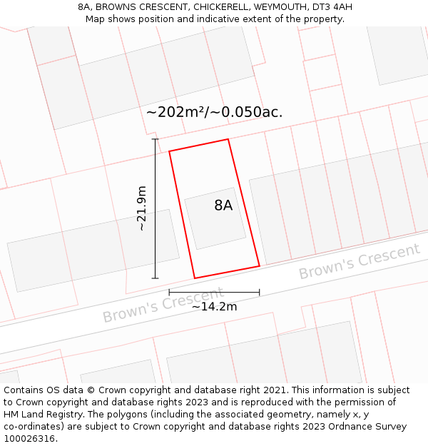 8A, BROWNS CRESCENT, CHICKERELL, WEYMOUTH, DT3 4AH: Plot and title map