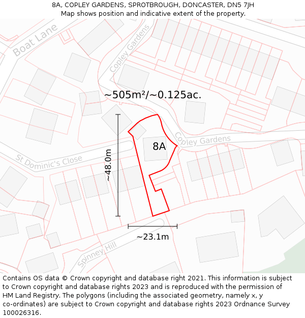 8A, COPLEY GARDENS, SPROTBROUGH, DONCASTER, DN5 7JH: Plot and title map