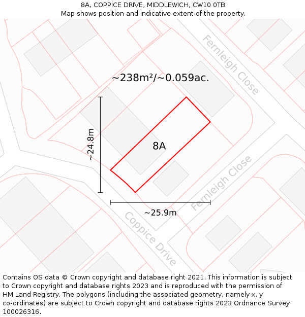 8A, COPPICE DRIVE, MIDDLEWICH, CW10 0TB: Plot and title map