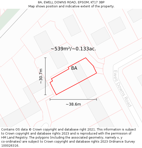 8A, EWELL DOWNS ROAD, EPSOM, KT17 3BP: Plot and title map