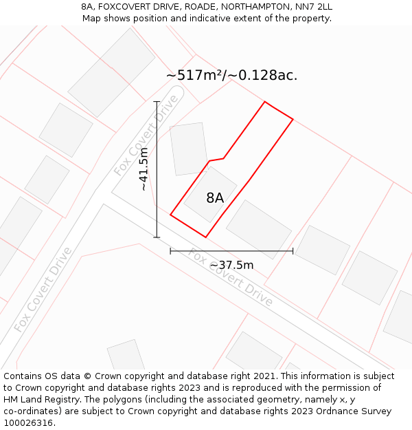 8A, FOXCOVERT DRIVE, ROADE, NORTHAMPTON, NN7 2LL: Plot and title map