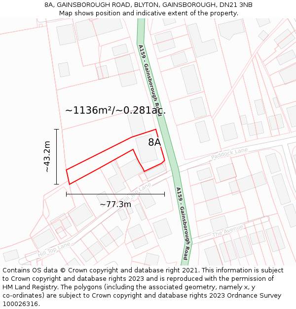 8A, GAINSBOROUGH ROAD, BLYTON, GAINSBOROUGH, DN21 3NB: Plot and title map