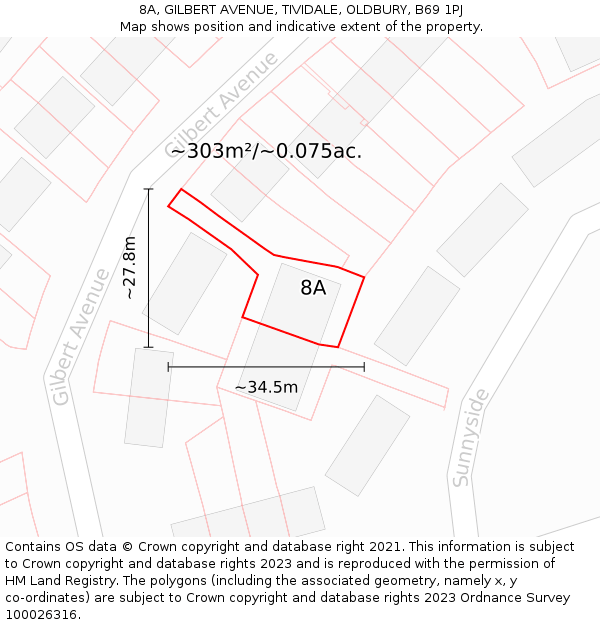 8A, GILBERT AVENUE, TIVIDALE, OLDBURY, B69 1PJ: Plot and title map