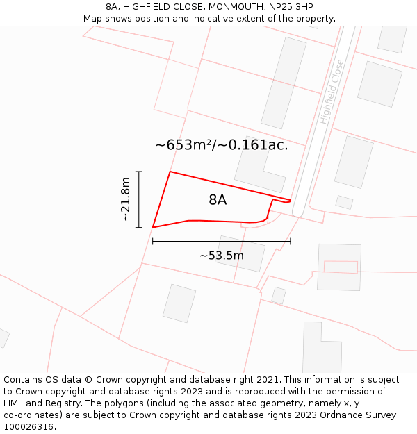 8A, HIGHFIELD CLOSE, MONMOUTH, NP25 3HP: Plot and title map