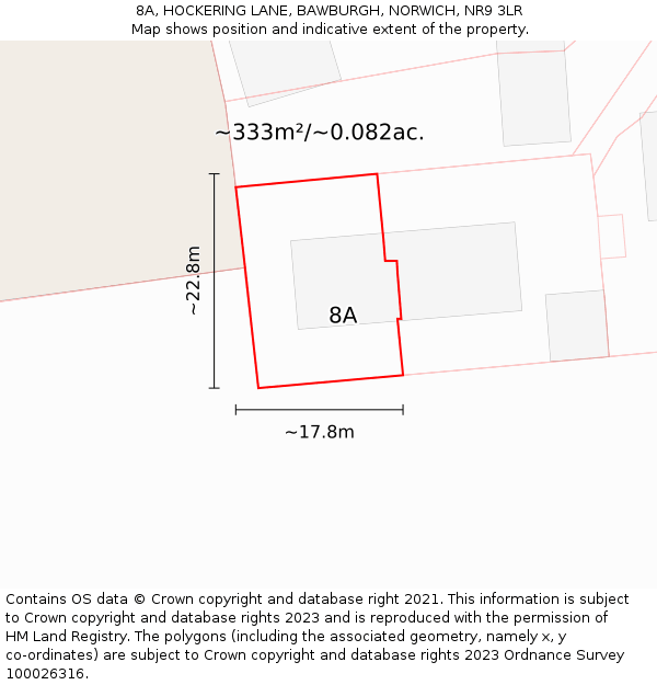 8A, HOCKERING LANE, BAWBURGH, NORWICH, NR9 3LR: Plot and title map