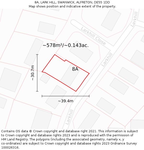 8A, LARK HILL, SWANWICK, ALFRETON, DE55 1DD: Plot and title map