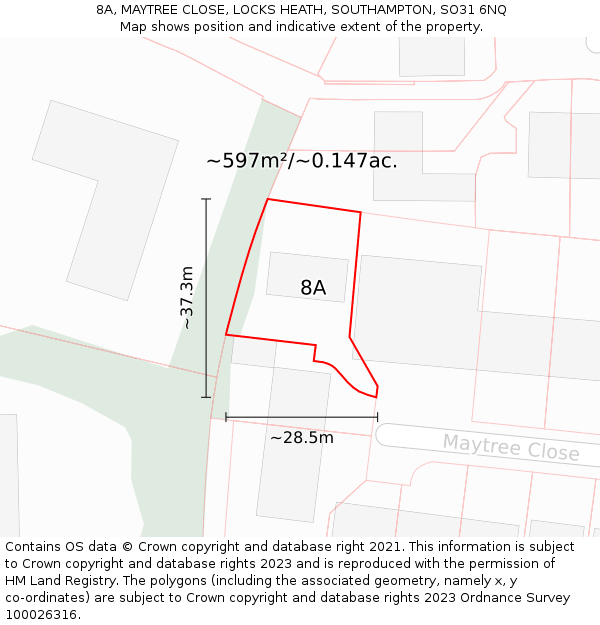 8A, MAYTREE CLOSE, LOCKS HEATH, SOUTHAMPTON, SO31 6NQ: Plot and title map