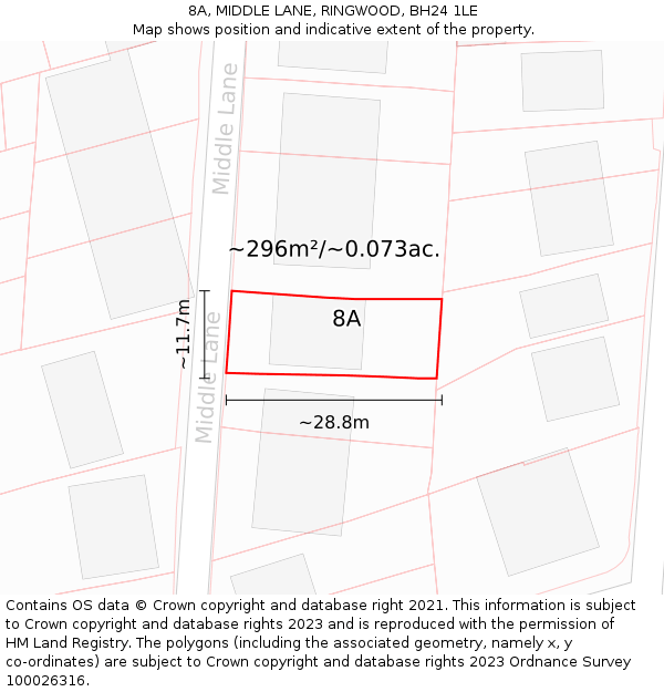 8A, MIDDLE LANE, RINGWOOD, BH24 1LE: Plot and title map