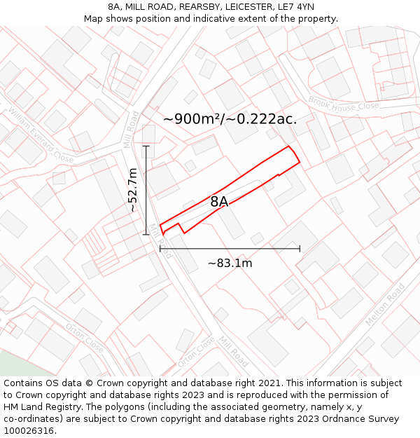 8A, MILL ROAD, REARSBY, LEICESTER, LE7 4YN: Plot and title map