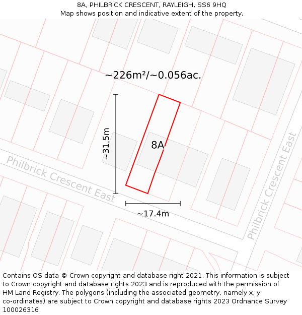 8A, PHILBRICK CRESCENT, RAYLEIGH, SS6 9HQ: Plot and title map