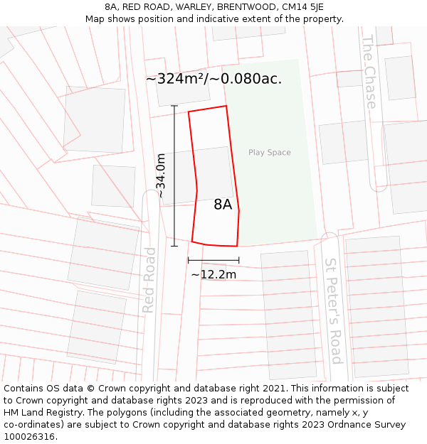 8A, RED ROAD, WARLEY, BRENTWOOD, CM14 5JE: Plot and title map