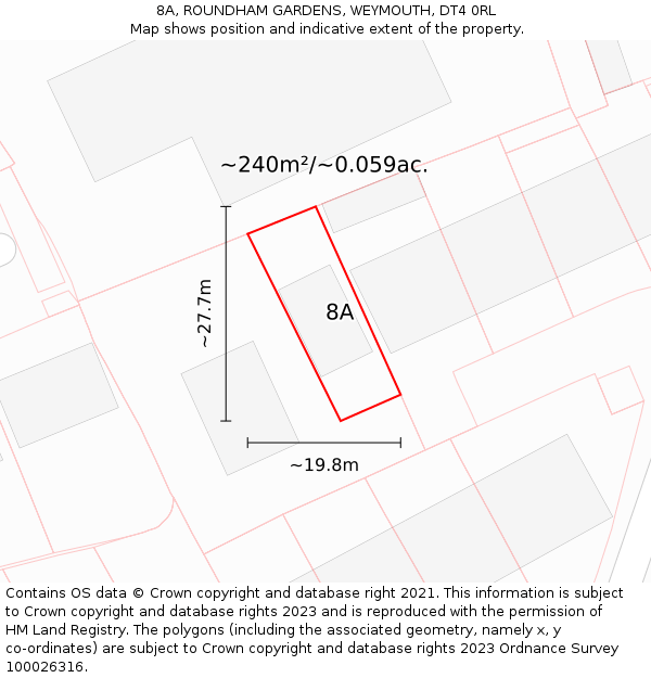 8A, ROUNDHAM GARDENS, WEYMOUTH, DT4 0RL: Plot and title map