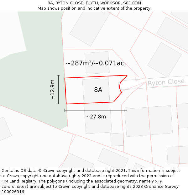 8A, RYTON CLOSE, BLYTH, WORKSOP, S81 8DN: Plot and title map
