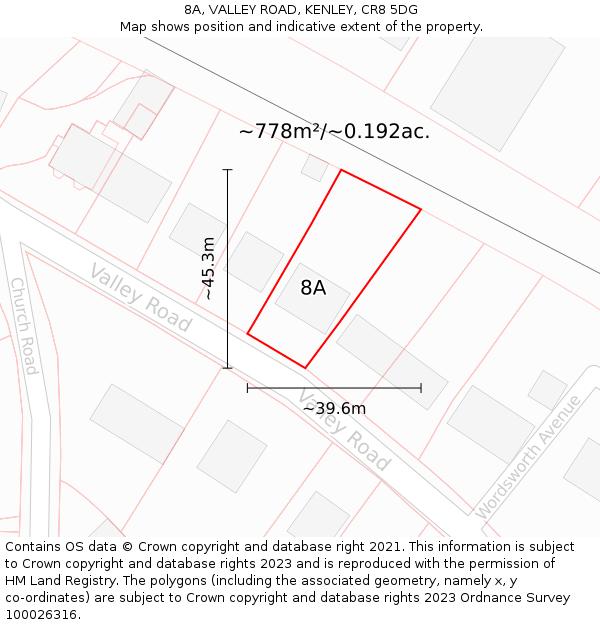 8A, VALLEY ROAD, KENLEY, CR8 5DG: Plot and title map