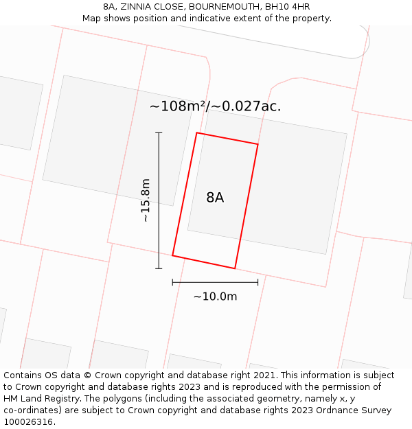 8A, ZINNIA CLOSE, BOURNEMOUTH, BH10 4HR: Plot and title map