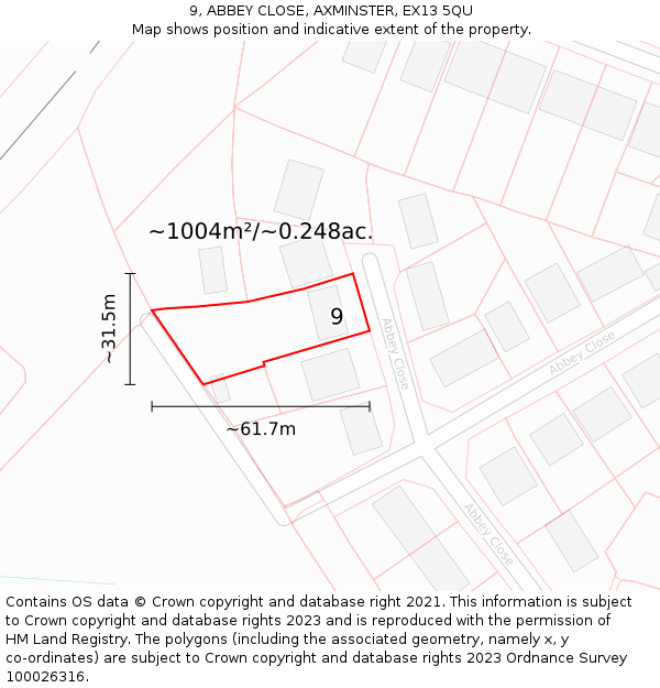 9, ABBEY CLOSE, AXMINSTER, EX13 5QU: Plot and title map