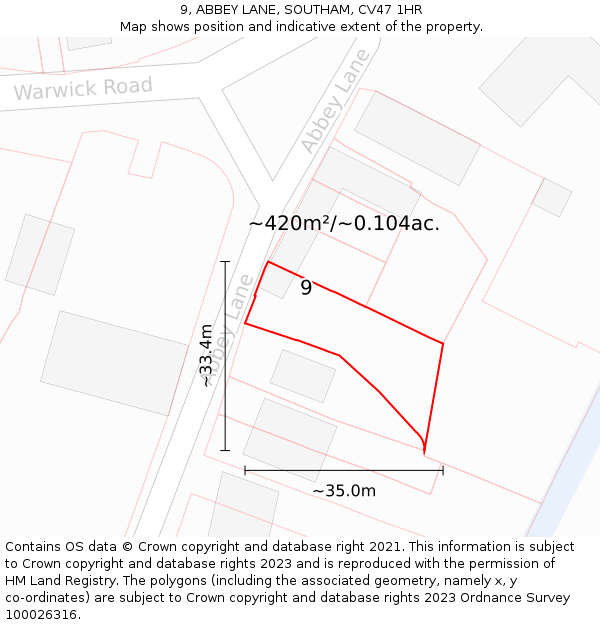 9, ABBEY LANE, SOUTHAM, CV47 1HR: Plot and title map