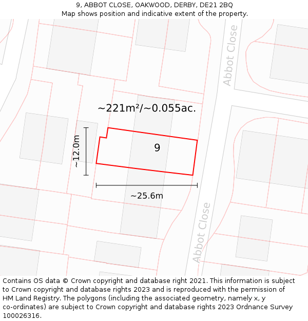 9, ABBOT CLOSE, OAKWOOD, DERBY, DE21 2BQ: Plot and title map
