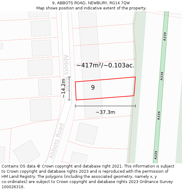 9, ABBOTS ROAD, NEWBURY, RG14 7QW: Plot and title map