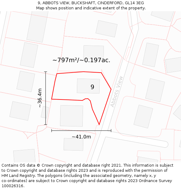9, ABBOTS VIEW, BUCKSHAFT, CINDERFORD, GL14 3EG: Plot and title map