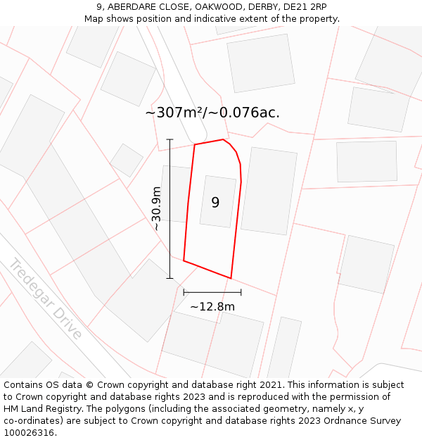 9, ABERDARE CLOSE, OAKWOOD, DERBY, DE21 2RP: Plot and title map