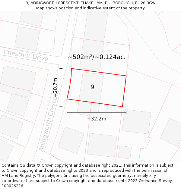 9, ABINGWORTH CRESCENT, THAKEHAM, PULBOROUGH, RH20 3GW: Plot and title map