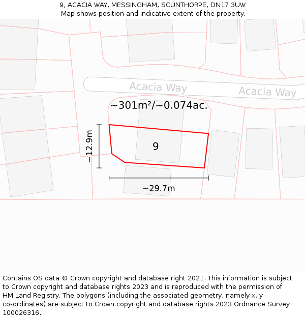 9, ACACIA WAY, MESSINGHAM, SCUNTHORPE, DN17 3UW: Plot and title map