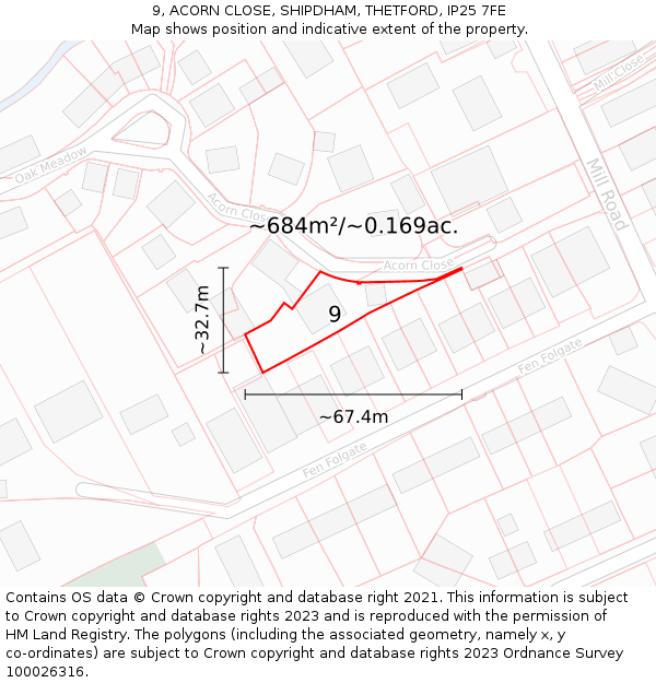9, ACORN CLOSE, SHIPDHAM, THETFORD, IP25 7FE: Plot and title map