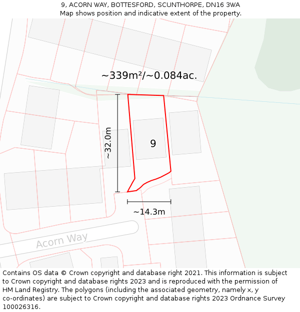 9, ACORN WAY, BOTTESFORD, SCUNTHORPE, DN16 3WA: Plot and title map