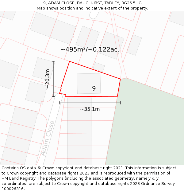 9, ADAM CLOSE, BAUGHURST, TADLEY, RG26 5HG: Plot and title map