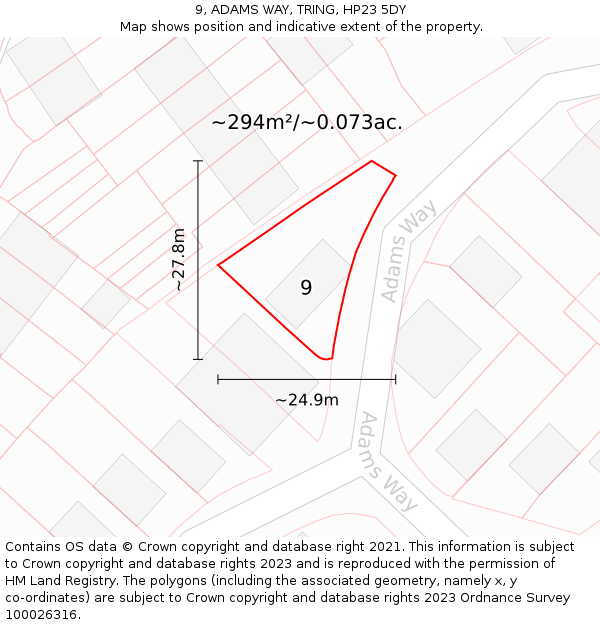 9, ADAMS WAY, TRING, HP23 5DY: Plot and title map