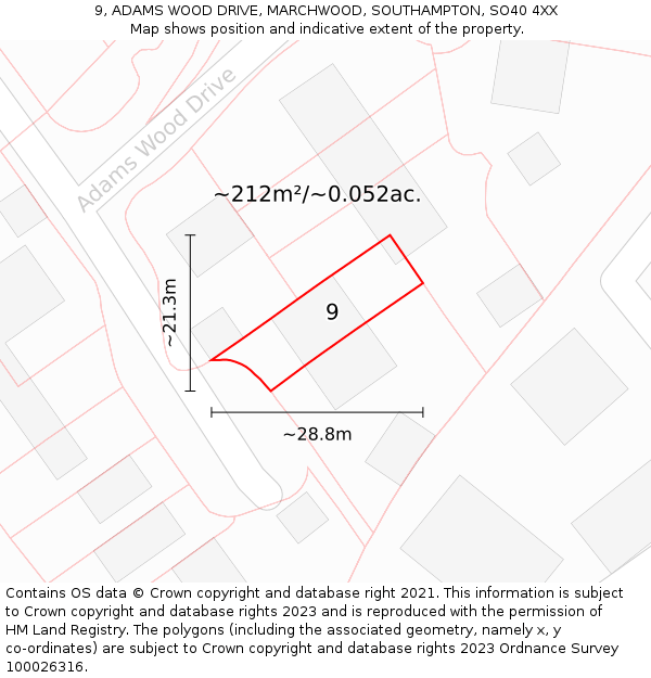 9, ADAMS WOOD DRIVE, MARCHWOOD, SOUTHAMPTON, SO40 4XX: Plot and title map