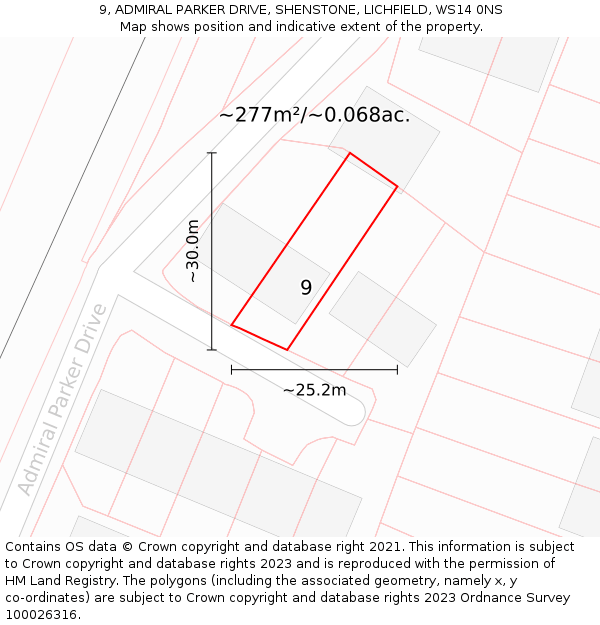 9, ADMIRAL PARKER DRIVE, SHENSTONE, LICHFIELD, WS14 0NS: Plot and title map