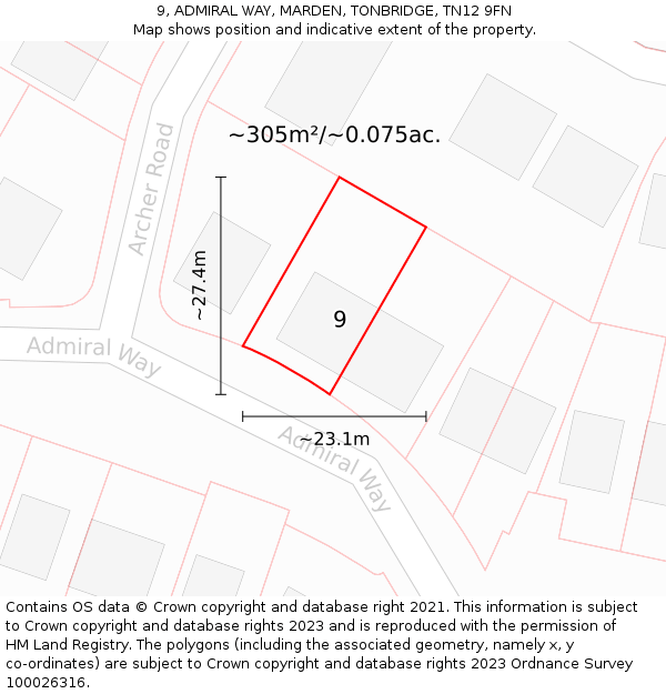 9, ADMIRAL WAY, MARDEN, TONBRIDGE, TN12 9FN: Plot and title map